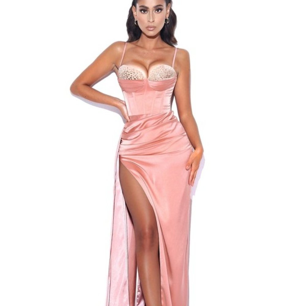 Vanity Blush Pink Satin High Slit Draping Corset Gown With Crystals